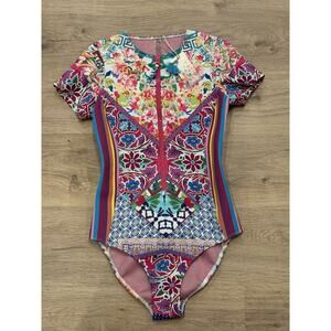 $298 Johnny Was Floral Striped Locita Surf Scuba One Piece Swimsuit, Sz S, NWT